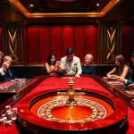 KJC players strategizing at a vibrant casino table, showcasing poker chips and a roulette wheel.