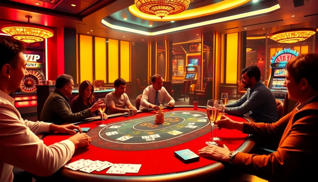 Engaged players at a luxurious 68VIP poker table in a modern casino setting.