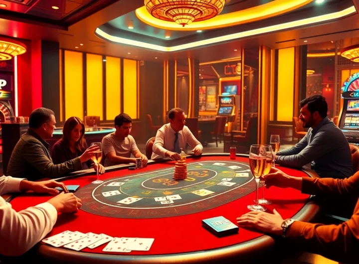 Engaged players at a luxurious 68VIP poker table in a modern casino setting.
