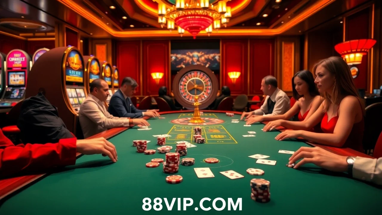 Experience the thrill at 68VIP.COM with a vibrant poker game setup and casino atmosphere.