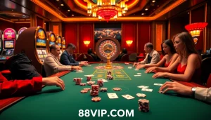 Experience the thrill at 68VIP.COM with a vibrant poker game setup and casino atmosphere.