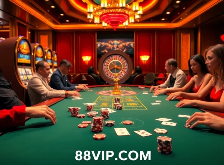 Experience the thrill at 68VIP.COM with a vibrant poker game setup and casino atmosphere.