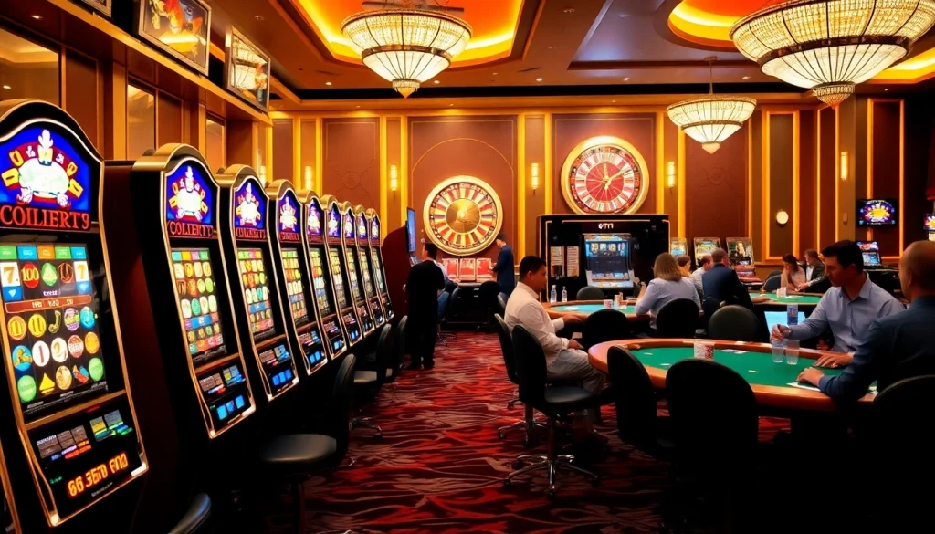 Excited players enjoying the luxury of slot777 machines at a vibrant casino, capturing the thrill of gambling.