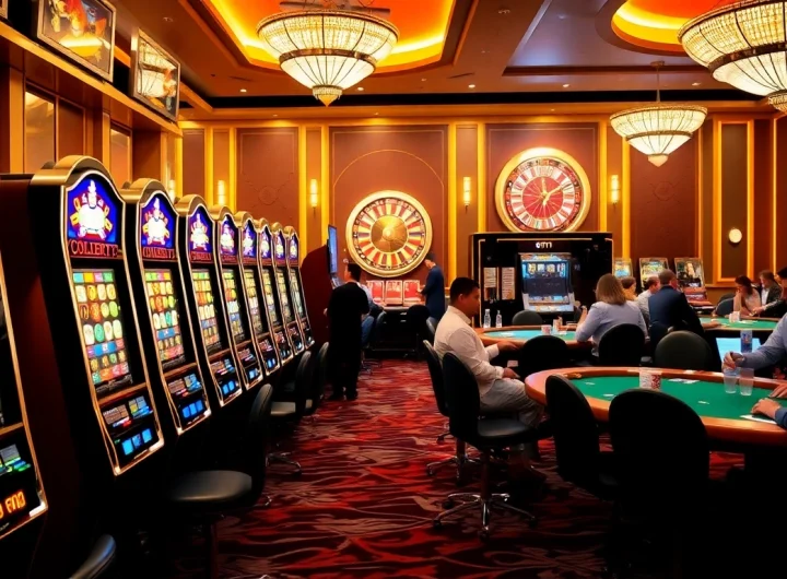 Excited players enjoying the luxury of slot777 machines at a vibrant casino, capturing the thrill of gambling.