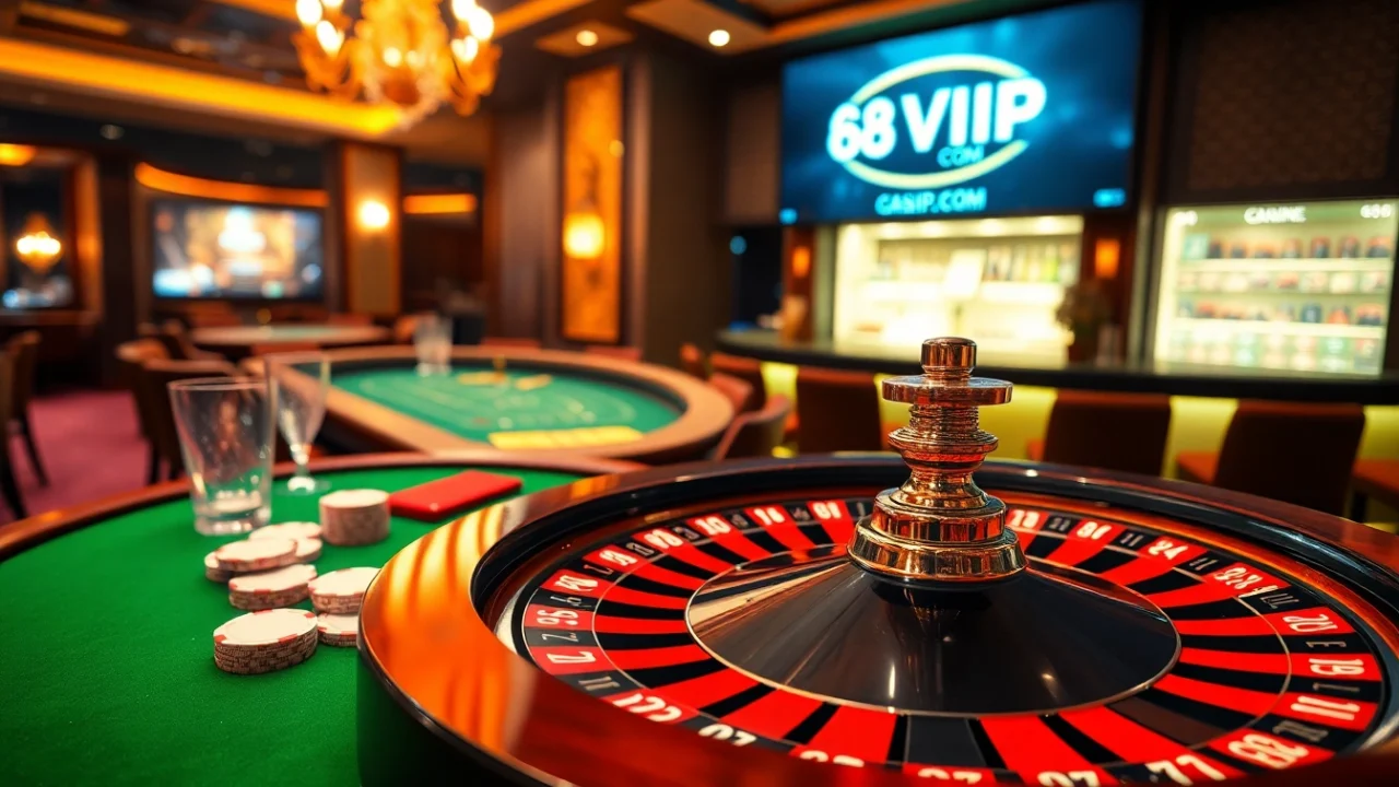 A thrilling roulette game scene showcasing 68VIP.COM with vibrant chips and cards on display.