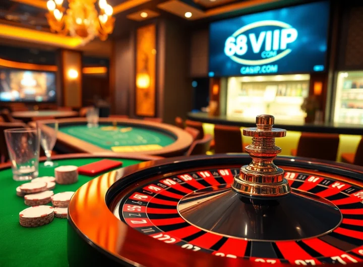 A thrilling roulette game scene showcasing 68VIP.COM with vibrant chips and cards on display.