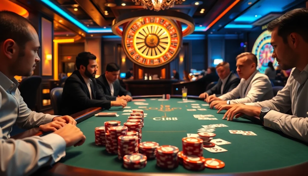 Watch players enjoy a high-stakes game at C168's luxurious casino, featuring vibrant poker chips and cards.