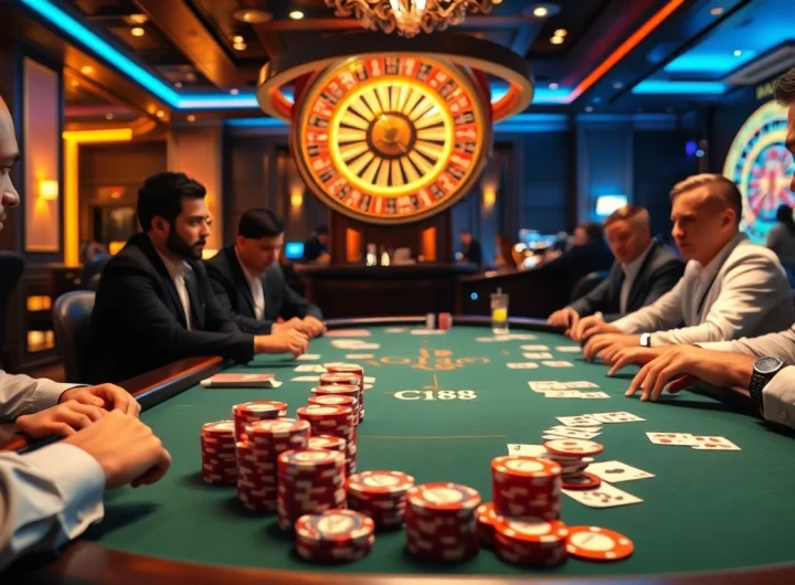 Watch players enjoy a high-stakes game at C168's luxurious casino, featuring vibrant poker chips and cards.