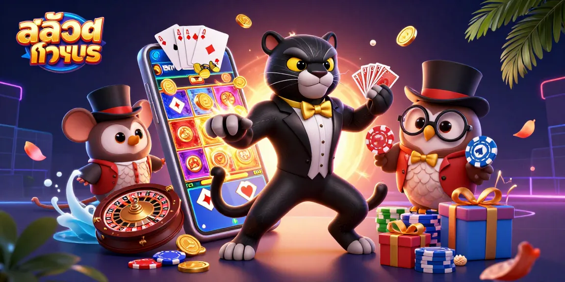 Engage in สล็อตทดลอง with stylish cartoon characters dealing cards and showcasing a colorful slot game.