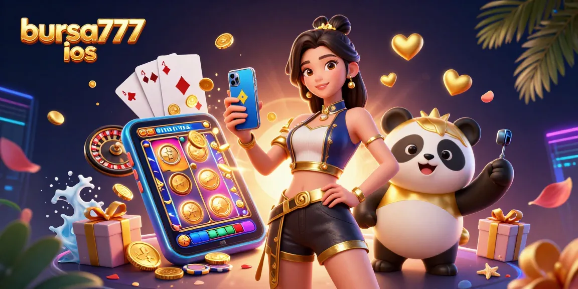 Engage thrilling slots action with bursa777 ios featuring an elegant player and a fun panda mascot.