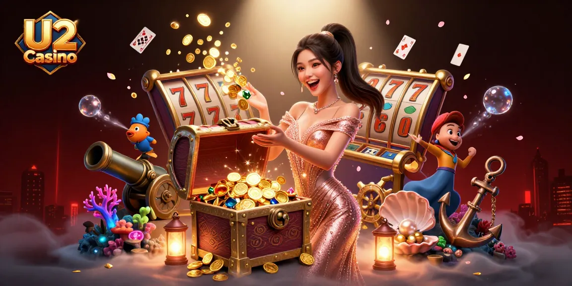 Engage in U2 Casino's thrilling slot games with a joyful atmosphere of treasures and luck.