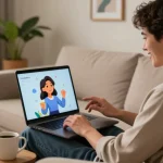 Engaging moment of a user experiencing Crush on AI in a cozy living room, showcasing friendly interaction.