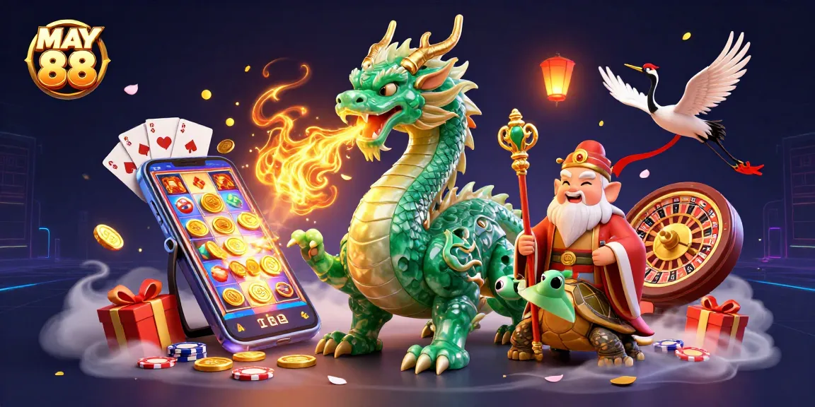 Experience the excitement of MAY 88 with a vibrant scene featuring a jade dragon, turtles, and casino elements.