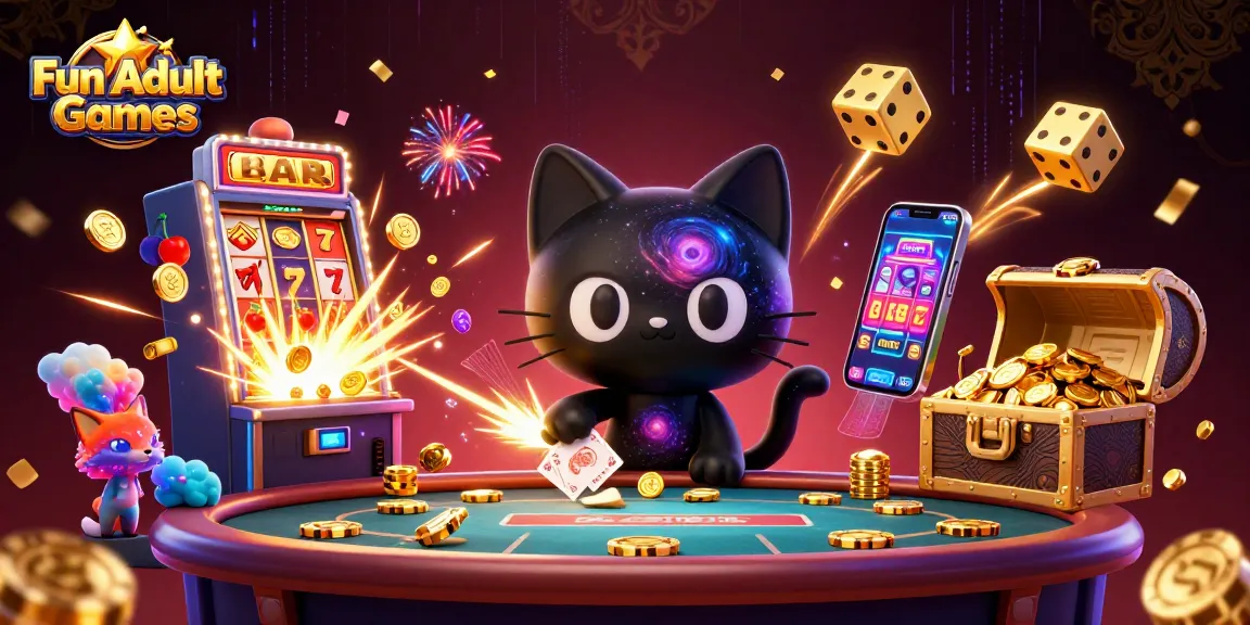 Experience Fun Adult Games with a vibrant cosmic casino scene featuring animated characters and slot machine excitement.