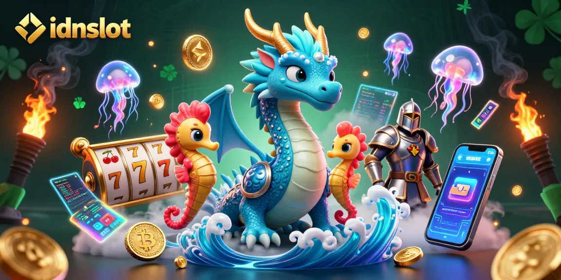 Experience winning with idnslot among vibrant casino elements like slot reels and crypto coins.