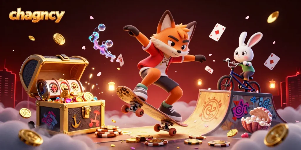 Engage with chagency's vibrant casino world as a skateboarder fox performs a trick over golden poker chips.