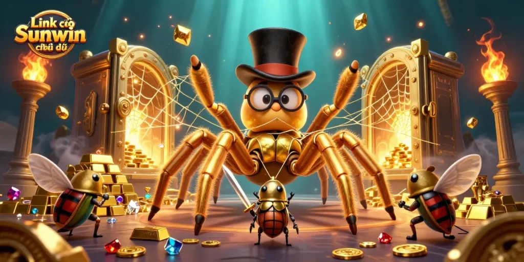 Engage with Link vào Sunwin chính thức through this vibrant 3D illustration showcasing unique casino characters and treasures.