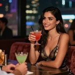 Chic İstanbul Escort engaging with a client in a vibrant bar setting