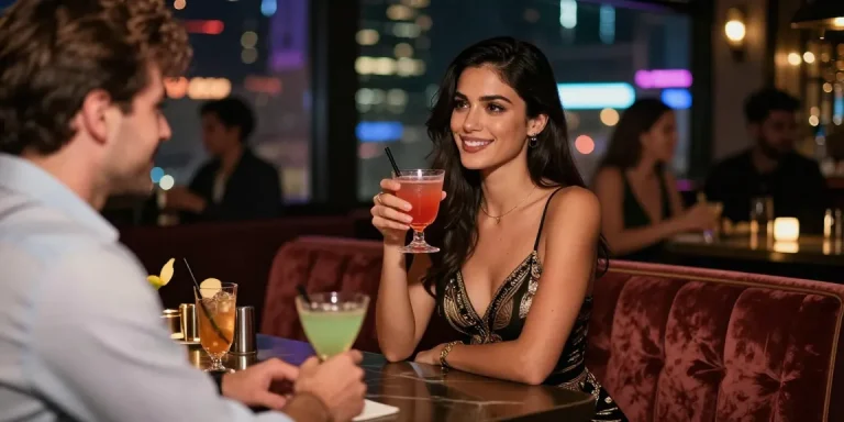 Chic İstanbul Escort engaging with a client in a vibrant bar setting