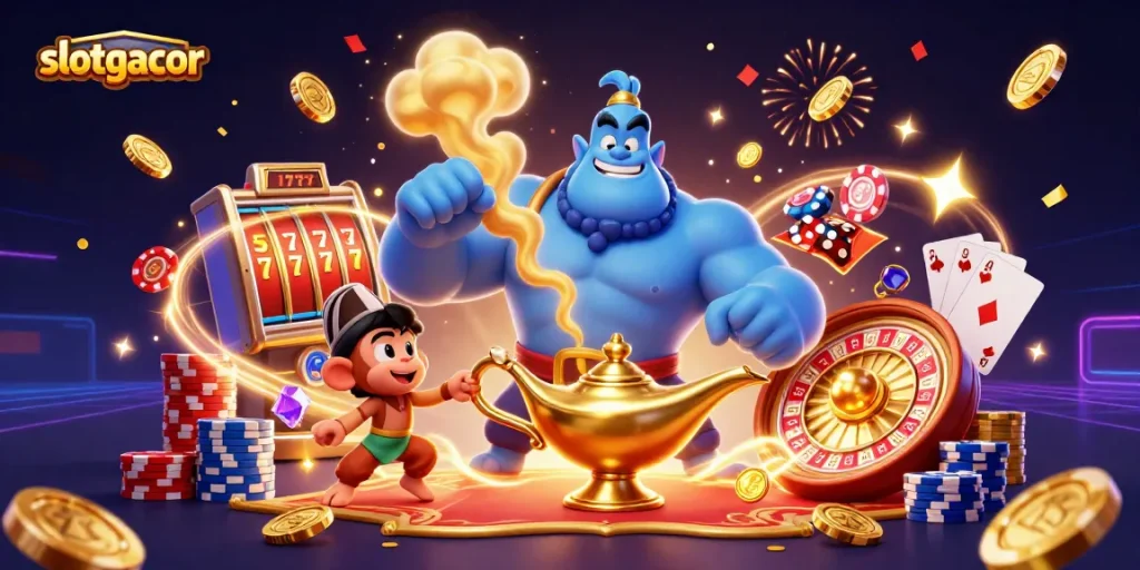 Engage with slotgacor showcasing a magical scene of a genie and casino elements for an exciting gaming experience.