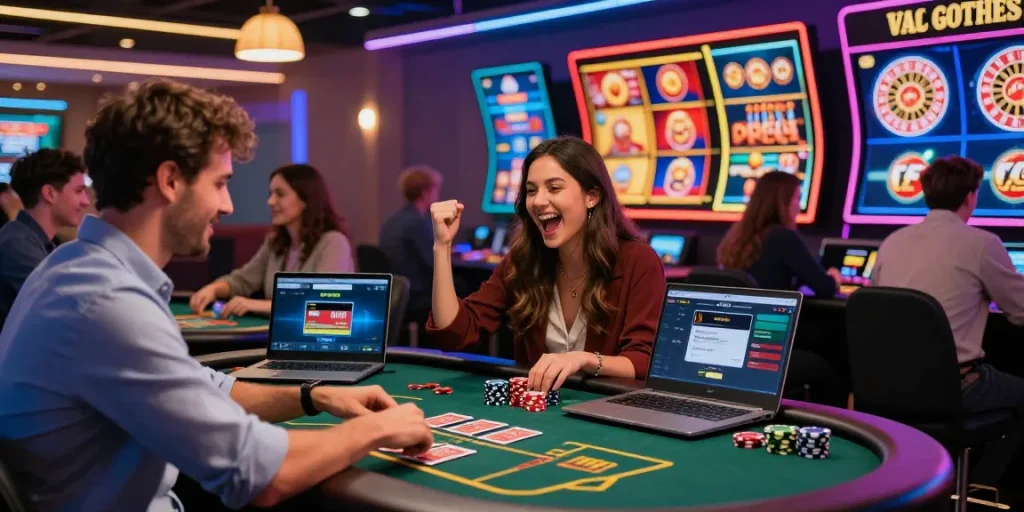 Engaged players enjoying live gaming at vibrant visa casinos with credit card payment options.